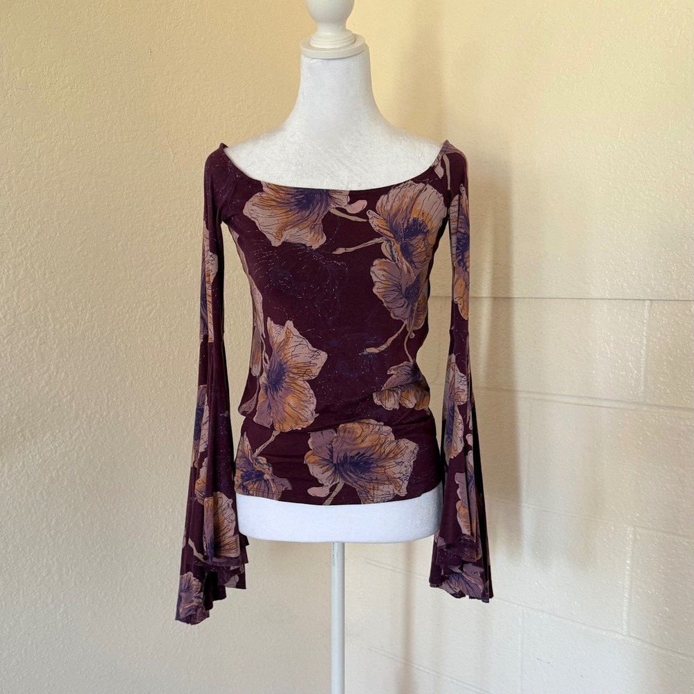 Free People Birds of Paradise Top Womens S Plum Floral Bell Sleeves Fairycore